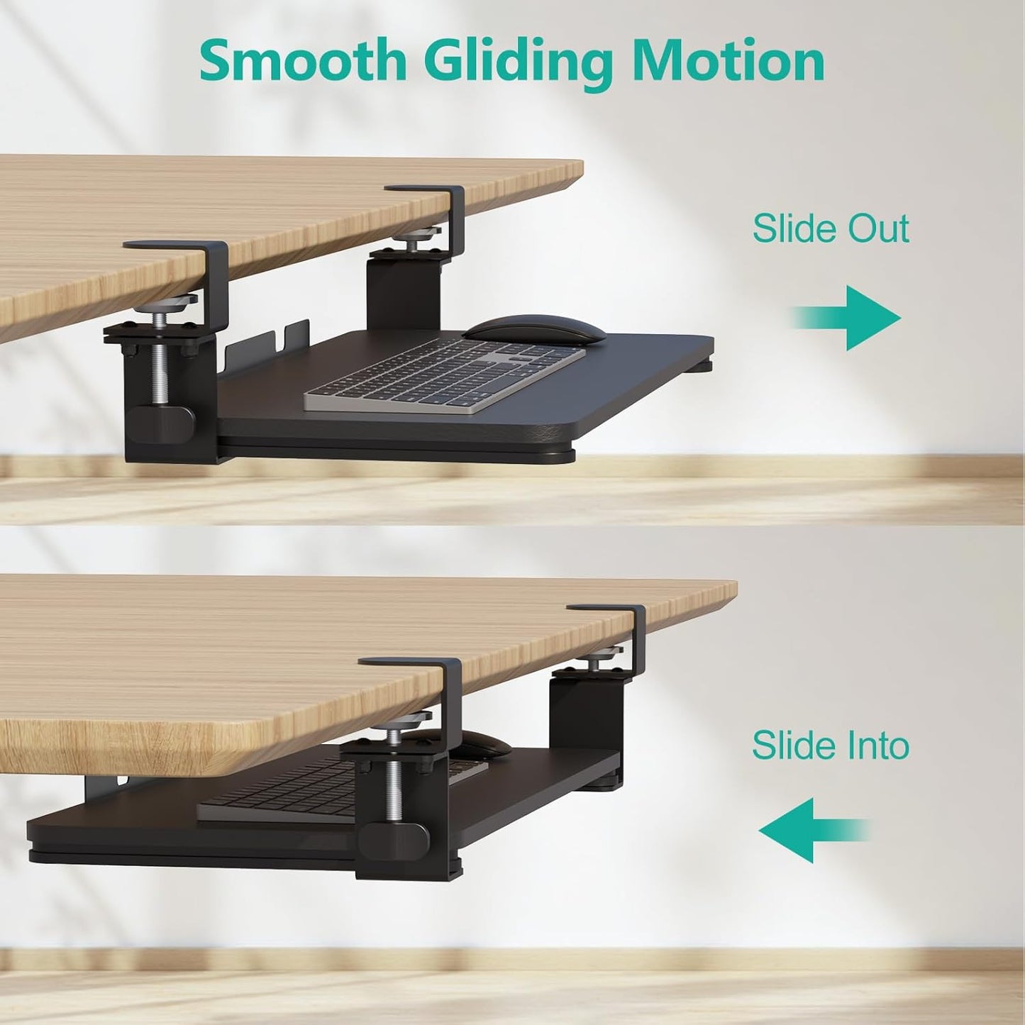 WALI Keyboard Tray Under Desk, Pull-Out Keyboard & Mouse Tray with 45° Adjustable C-Clamp, Ergonomic Platform Computer Drawer for L Shaped & Flat Desk 26.4" x 11.8" (KBT001-B), Black