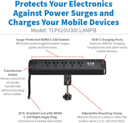 Eaton Tripp Lite series Desk Clamp Power Strip Surge Protector, 6-Outlets, 2x 30W USB-C Charging Ports, 900 Joules, 10ft Braided Flat Extension Cord, Lifetime Manufacturer's Warranty (TLP610U30CLAMPB)