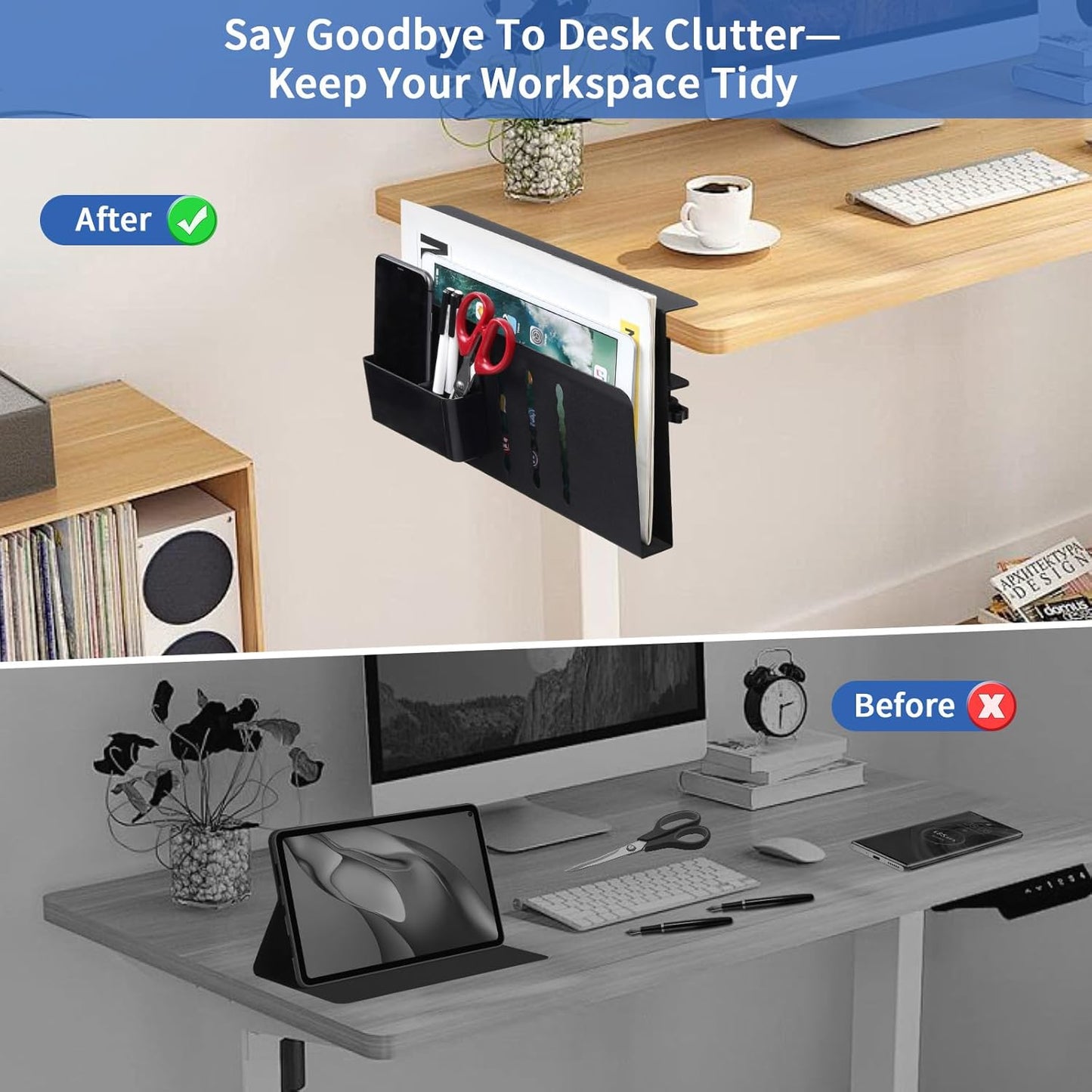 LUKETURE Laptop Holder, Steel Desk Side Storage, No Drill Standing Desk Accessories, Clamp on Laptop Mount with Pen Holder, Fits Flat Edge Tables 0.3" to 2.8" (Black, M(1 Tier))