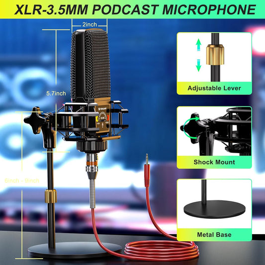 Podcast Microphone Bundle with Live Sound Card Audio Mixer, Podcast Equipment Bundle with 3.5mm Condenser Microphone for Pc/Phone Live Streaming Singing Gaming, Sound Board with Voice Changer, Denoise