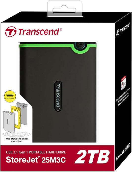 Transcend 2TB SJ25M3C, USB 3.1 Portable Hard Drive Rugged, Anti-Shock Resistant, Compact and Lightweight with Lightning-Fast Speeds, One Touch Backup Button, Type C, Iron Grey - TS2TSJ25M3C