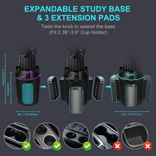 Cup Holder Car Tablet Mount for Truck, 360° Adjustable 15" Long 2-Arm Stand Holder for iPad Pro 12.9/11/10.5/9.7/Air/Mini 6/5/4, Samsung Galaxy Tab/Z Fold 6/5/4, iPhone 16/15/Pro, 4.7-12.9" Tab &Phone