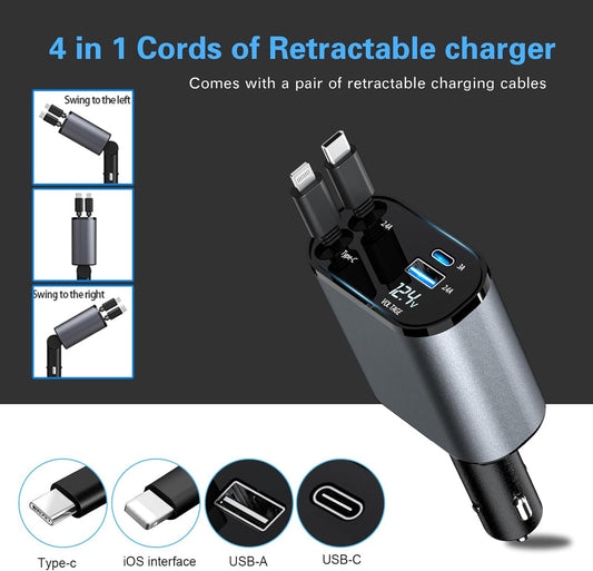 Retractable Car Charger, 66W 4 in 1 Super Fast Charging Car Phone Charger with 2 Retractable 31.5 Inch Cables and 2 USB Ports for iPhone 15/14/13/12/11, Galaxy, Pixel(S)