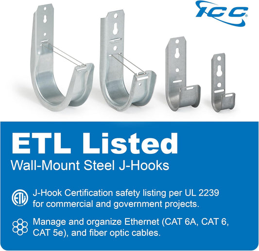 ICC 4-Inch Wall Mount J-Hook – 25-Pack, Cable Support Hooks with Retainer Clips, Galvanized Steel with Zinc Finish – for Structured Cabling and Cable Management