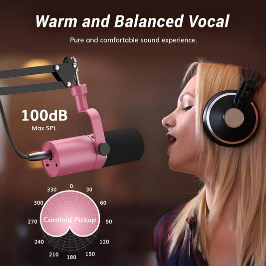 TONOR Dynamic Microphone, XLR/USB Microphone for Podcast, Recording, Streaming, Gaming, XLR Cardioid Studio Mic with Quick Mute, 3.5mm Headphone Jack, Volume Control, Mic with Boom Arm, Pink, TD510+