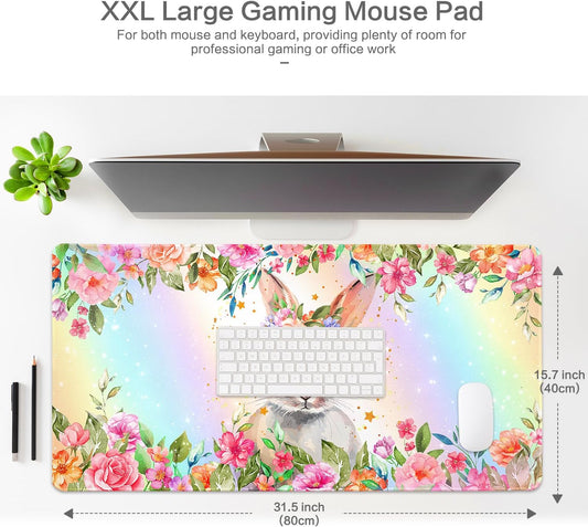 Lokigo Cute Rabbit Desk Pad, Gaming Mouse Pad 31.5"x15.7", Waterproof Big Mouse Pad for Desk Rubber Base Desk Matt with Stitched Edges Keyboard Mousepad for Laptop, Game, Work, Study, Bunny