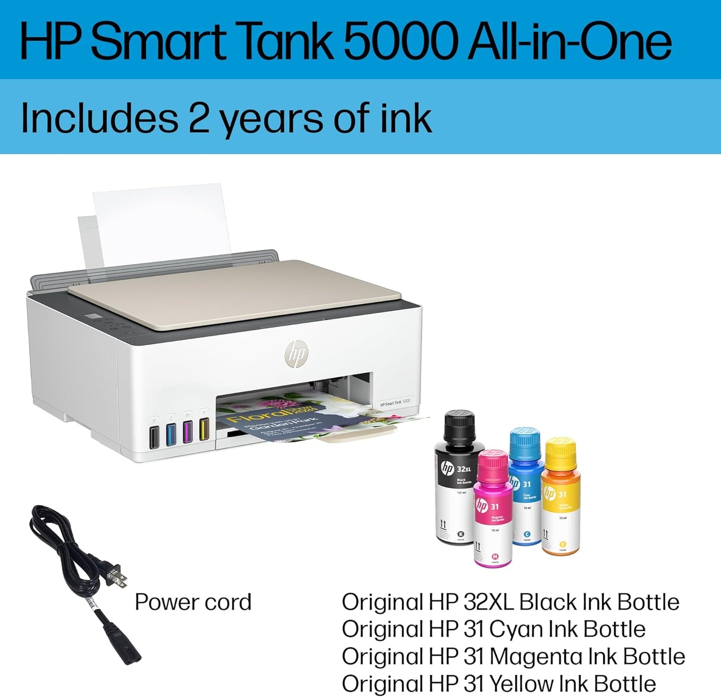 HP Smart Tank 5000 Wireless All-in-One Ink Tank Printer with up to 2 years of ink included, mobile print, scan, copy