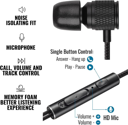 LUDOS Ultra Wired Earbuds in-Ear Headphones, 5 Years Warranty, Earphones with Microphone, Noise Isolating Ear Buds, Memory Foam for iPhone, Samsung, School Students, Kids, Women, Small Ears - Black