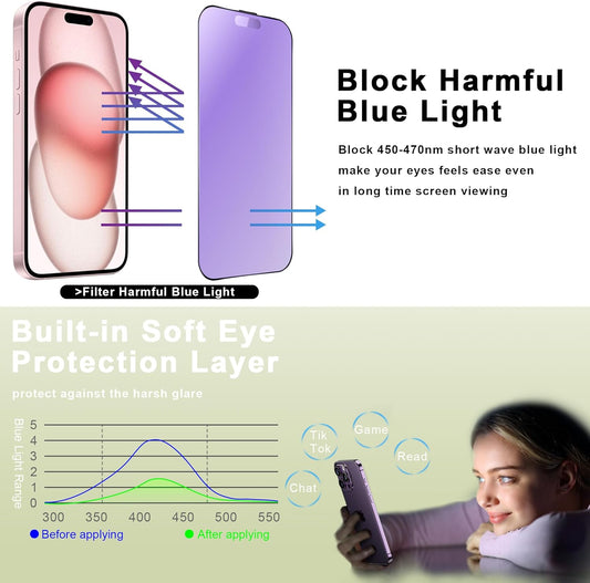 (2-Pack Anti Blue Light Matte Screen Protector for iPhone 14 Pro/15/16 (6.1-Inch),9H Tempered Glass,Anti-Glare,Full Coverage,Anti-Fingerprint,Auto Dust Removal,Bubble-Free