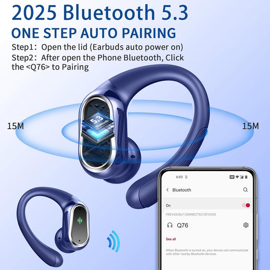 Wireless Earbuds, 2025 Bluetooth 5.4 Headphones Sport, Bluetooth Earbuds with ENC Noise Canceling Mic, 50H Stereo Wireless Headphones IP7 Waterproof with Earhooks, Dual LED Display for Workout/Running
