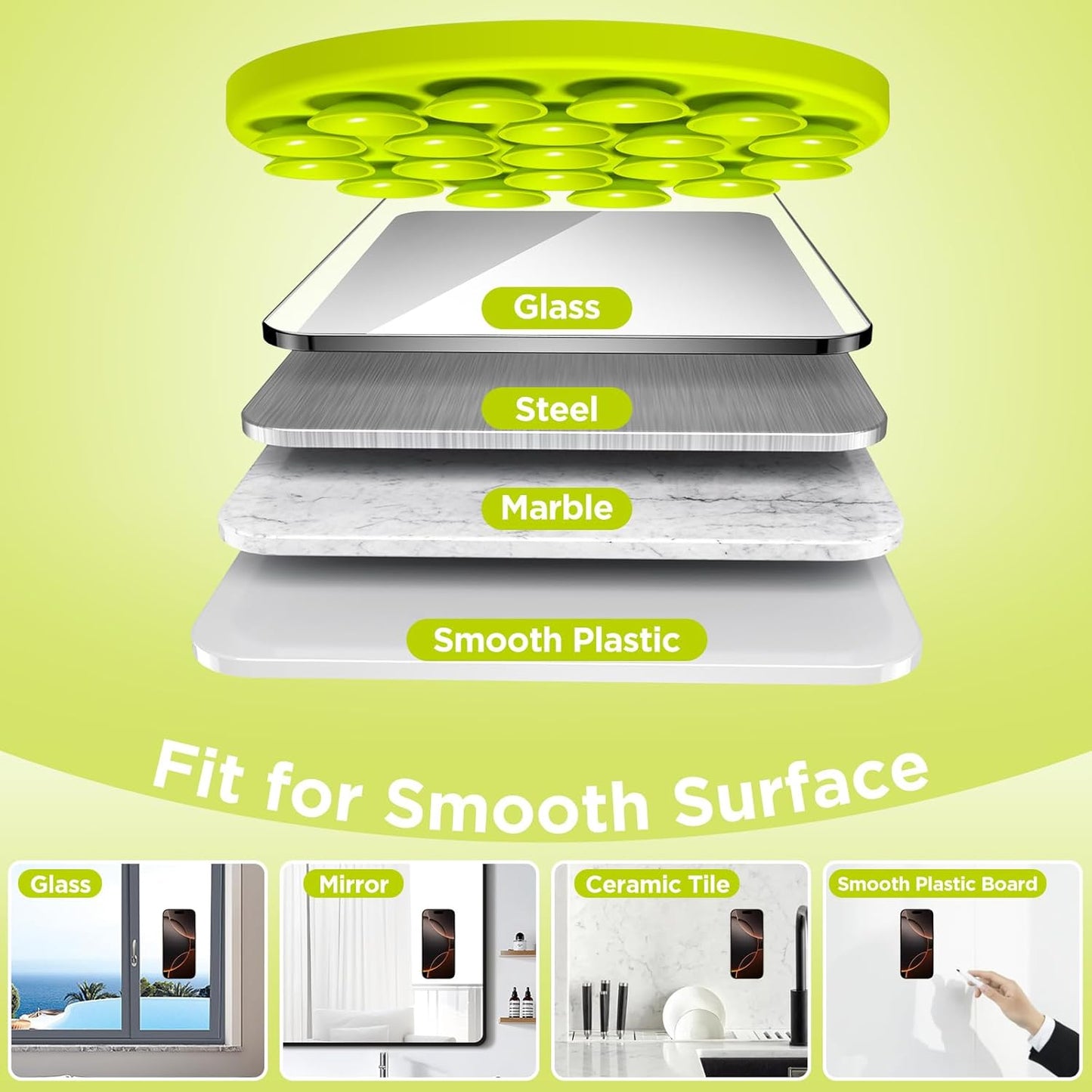 Magnetic Suction Cup Phone Mount for MagSafe Case, Silicone Hands-Free Grip Holder for iPhone and Android, Mirror Shower Phone Stand for Makeup FaceTime Gym Kitchen Bathroom, Neon Yellow