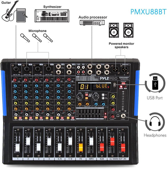 Pyle 8-Channel Bluetooth Studio Audio Mixer- DJ Sound Controller Interface w/ USB Drive for PC Recording Input, XLR Microphone Jack, 48V Power, RCA Input/Output for Professional & Beginners- PMXU88BT