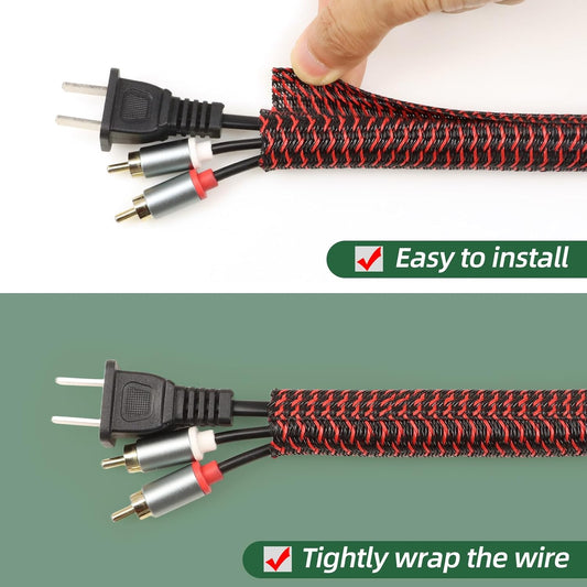 Split Wire Loom Tubing, Cable Protector Sleeve, Braided Cable Management for TV/Computer/Home Theater/Engine Bay, Cord Protectors from Pets No Chew (Red and Black, 3/4"-10ft)