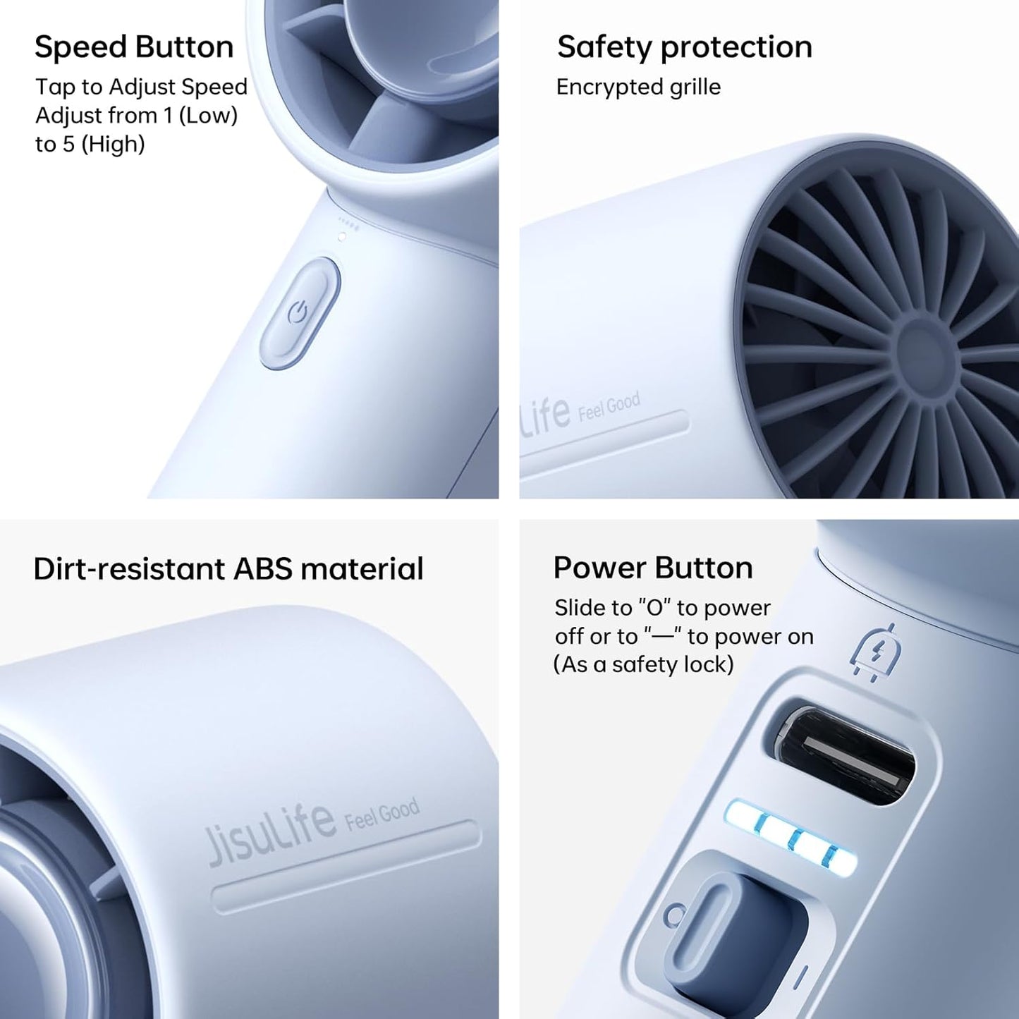 JISULIFE Portable Handheld Fan, 4000mAh Rechargeable Mini,Up to 22 Hours Cooling,5 Speed Strong Wind, USB Personal Fan for Travel Outdoor Camping Beach Makeup(Blue)