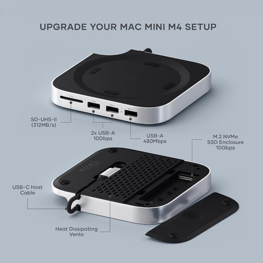 Satechi Mac mini M4 Hub & Stand with NVMe SSD Enclosure, Mac mini M4 Dock with 2xUSB A Up to 10Gbps, USB A Data Port, SD Card Reader for Mac mini M4, Mac mini M4 Pro - Silver