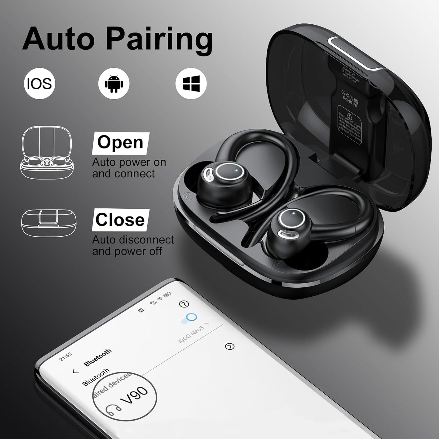 Wireless Earbuds Bluetooth 5.3 Headphones Sports, 48Hrs Playtime Bluetooth Earbuds with CVC 8.0 Mic, Stereo Bass Over Ear Bud with Earhooks, LED Display, IP7 Waterproof Earphon for Workout/Running