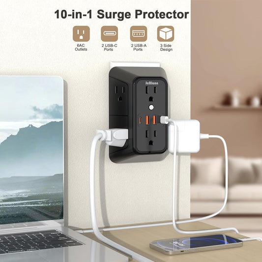 2 Pack Multi Plug Wall Outlet Extender Surge Protector 6 AC Outlet Splitter with 4 USB Ports(2 USB C) Wall Charger 1050J Power Strip 125V/15A, 1875W for Home, Office, Travel Dorm Room Essentials
