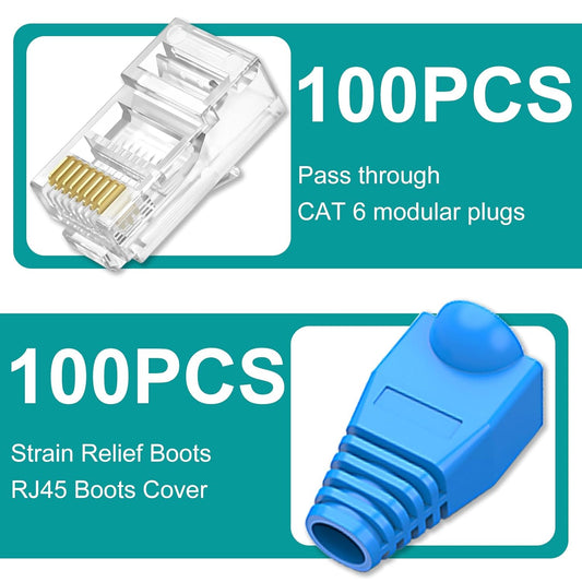 100-Pack Cat 6 Pass Through RJ45 Connectors with RJ45 Boots Cover (Cat6 Connector/ Cat5e Connector/Ethernet Ends/Cat 6 Ends/ RJ45 Modular Plugs) for Solid or Stranded UTP Cable