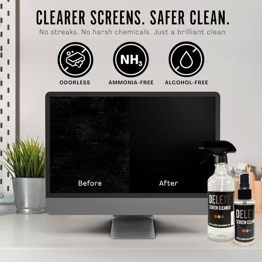 Delete Screen Cleaner Spray Kit, 2 Pack, 16oz and 2oz Bottle and 12"x12" Microfiber Cleaning Cloth, Streak-Free, Safe and Gentle Formula, Multi-Purpose for TVs, Computers, Monitors, Smart Phones