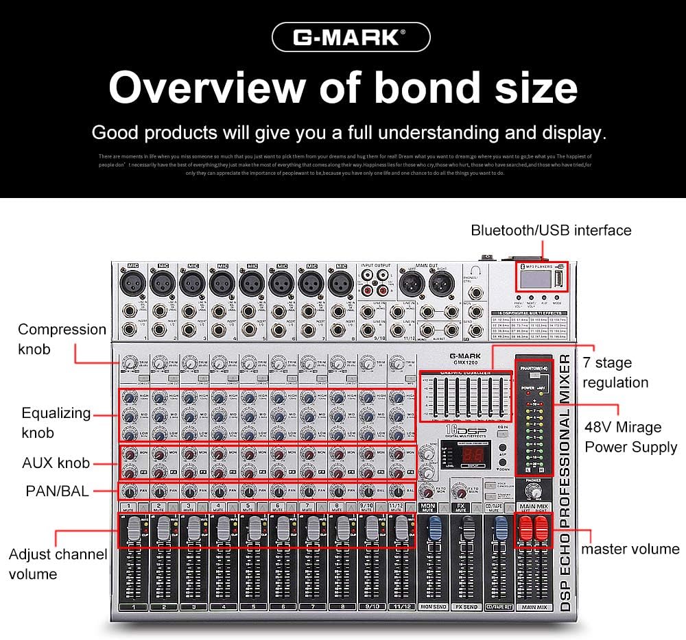 G-MARK GMX1200 DJ Mixer 12 Channel Professional Audio Mixer USB Mixing Console Music Studio 8 Mono 4 Stereo 7 Band EQ 16 Effect Podcast Streaming Audio Interface