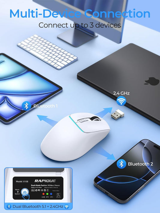 R108 Wireless Bluetooth Mouse – Dual Bluetooth & 2.4GHz USB Receiver, 4 DPI Levels (1000–3200), USB-C Rechargeable, Ergonomic Right-Hand Grip, Silent Click, for Computer/Mac/Laptop - White