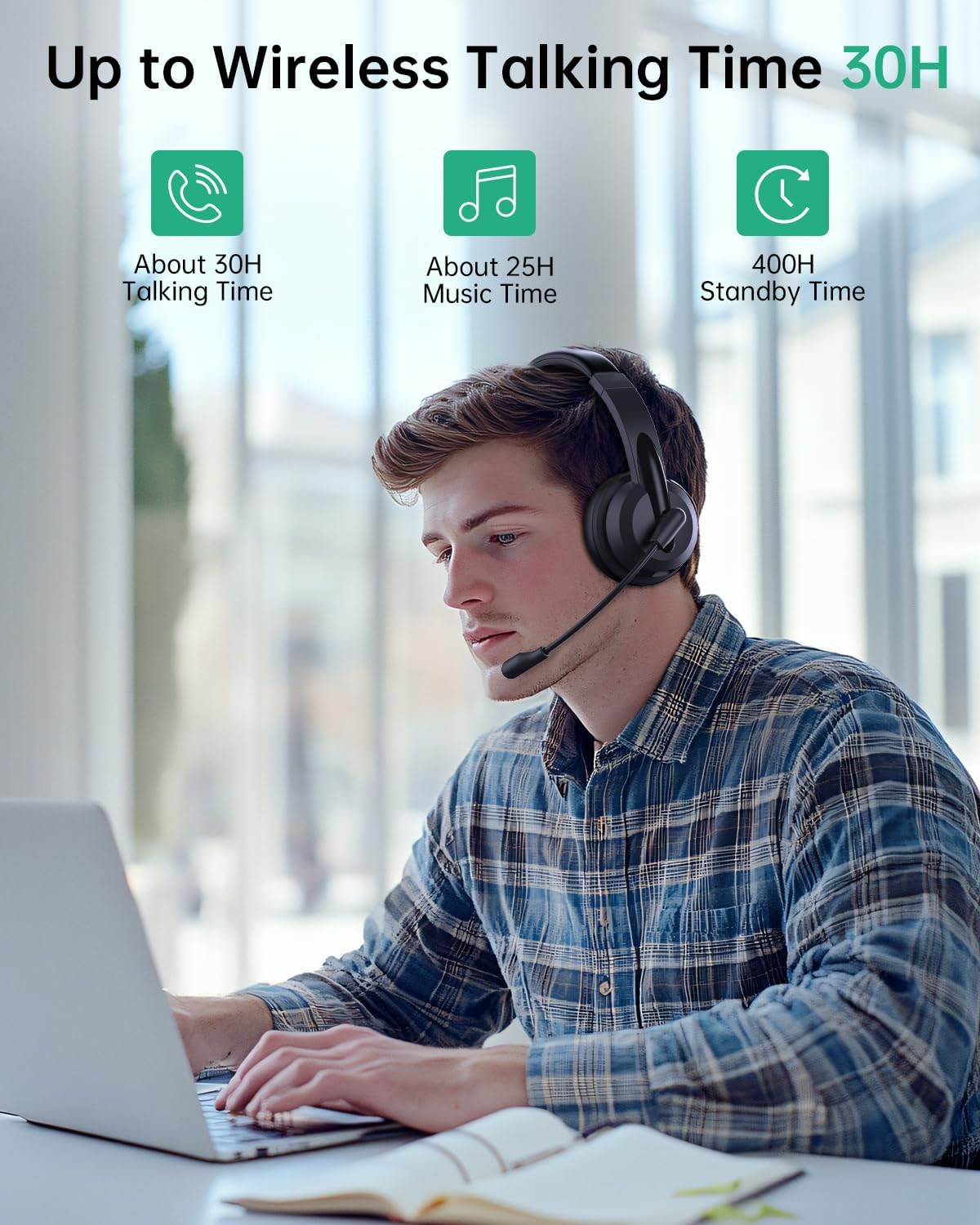 Wireless Headset with Mic for Work with AI Noise Cancelling Mic for Clear Calls, Bluetooth V5.3 Headphones with Microphone to USB A/C Dongle & Mic Mute for Computer Laptop PC iPhone (Black)