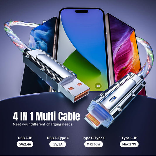 4 in 1 Charging Cable Fast Charging 66W, USB C Cable 3.3 FT Chubby USB A/C to C/L Multi Charging Cable with Light for iPhone 16/15/14/13 Series/MacBook/iPad Pro/Samsung
