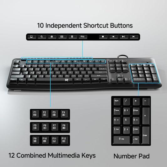 Redragon BK7366 Wired Keyboard,Multimedia USB Quiet Computer Keyboard,Silent Keyboard with Large Number Pad,Spill-Resistant,Anti-Wear Letters,Full Size for Laptop,Desktop