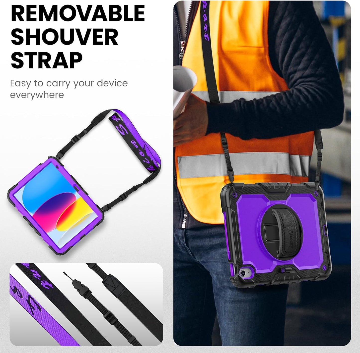 timecity for iPad (A16) 11th/ 10th Generation Case 11''/ 10.9 Inch (2025/2022) - Heavy Duty Protective Cover with Screen Protector, Stand, Shoulder Strap & Pencil Holder | Kids-Friendly - Purple