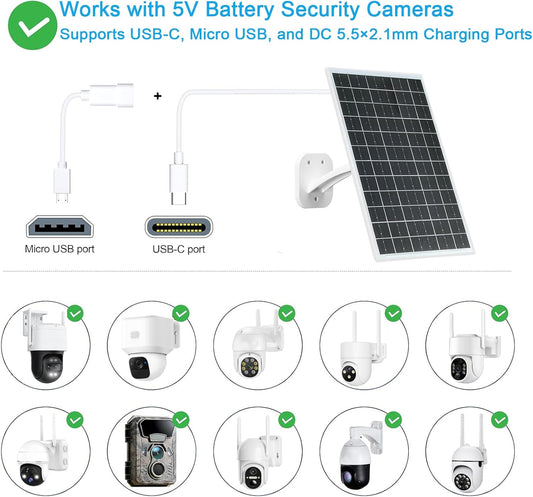 FUTUREZEN 13W Solar Panel for Security Cameras & Trail Cameras, USB-C, Micro USB & 5.5x2.1mm DC Output, IP66 Waterproof, 360° Adjustable Mount, 7.2FT Cable