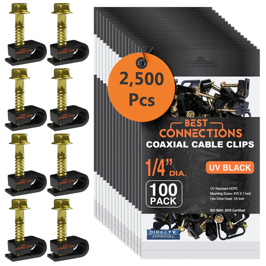BEST CONNECTIONS Coaxial Cable Clips with Pre-Inserted Screw (2,500 Pack) – Black Single Cable Mounting Clamps for Coax Cable (RG6, RG59) and Ethernet Cable – Cord Fastener/Strain Relief Clip