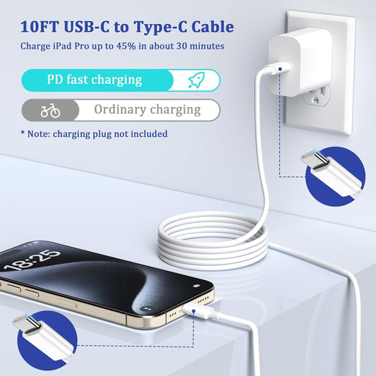 Long USB C Cable 10ft Fast Charging,3Pack 60W Type C to C 10 ft Charger Cord for Apple for iPhone 16/15/15 Pro/Plus/Pro Max,for MacBook Pro/Air,for IPad Air 4/5/Mini 6/Pro Charge 10 feet