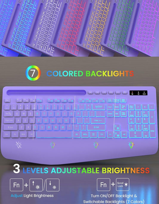 Wireless Keyboard with 7 Colored Backlits, Wrist Rest, Phone Holder, Rechargeable Ergonomic Computer Keyboard with Silent Keys, Full Size Lighted Keyboard for Windows, MacBook, PC, Laptop (Purple)