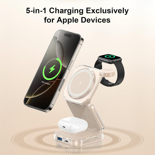 5-in-1 Wireless Charger for MagSafe, AC ISLAND Portable Travel Charging Station, 15W Max Fast Foldable Magnetic Stand, Evolved for iPhone 17/16/15/14/13 Series, Apple Watch, AirPods (with 35W Adapter)