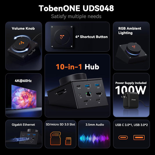 TobenONE 10-in-1 Shortcut-Key Docking Station with 4 Shortcut Button and Volume Knob, USB C Dock with 4K@60Hz HDMI, 100W PD, 3 USB, Ethernet, Audio, SD/microSD for MacBook, Windows, Chrome, Mac mini
