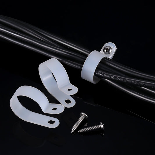 Hicarer 50 Pack R-Type Cable Clip Wire Clamp, Nylon Screw Mounting Cord Fastener Clips with 50 Pack Screws for Wire Management (White, 1 Inch)