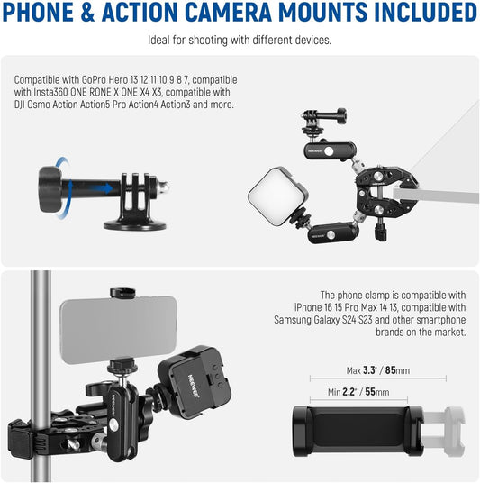 NEEWER Heavy Duty Super Clamp with Two 360° Dual Ball Head Magic Arms, 1/4" 3/8" Screw Threads, Phone & Action Camera Mount Adapter for Flat/Round Surface Compatible with GoPro DJI Insta360 DSLR