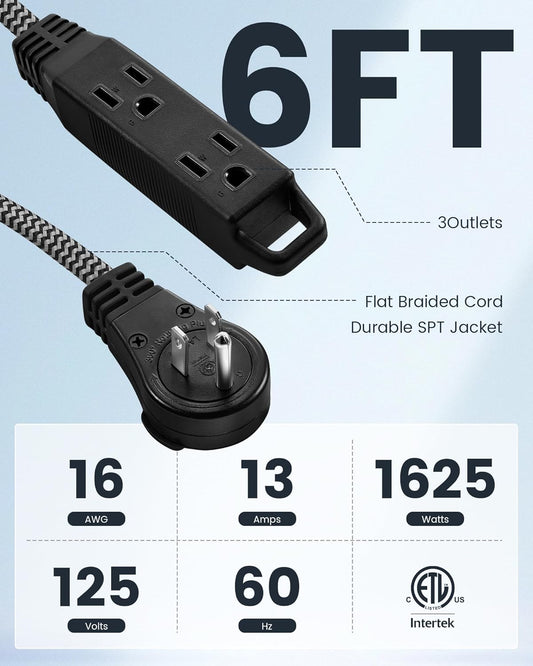 SURAIELEC 6FT Flat Extension Cord with 360° Rotating Plug, Braided Flat Plug with 3 Outlets, 16 AWG Thin Black Extension Cord for Indoor Use, Home, Office, Compact Spaces, ETL Listed