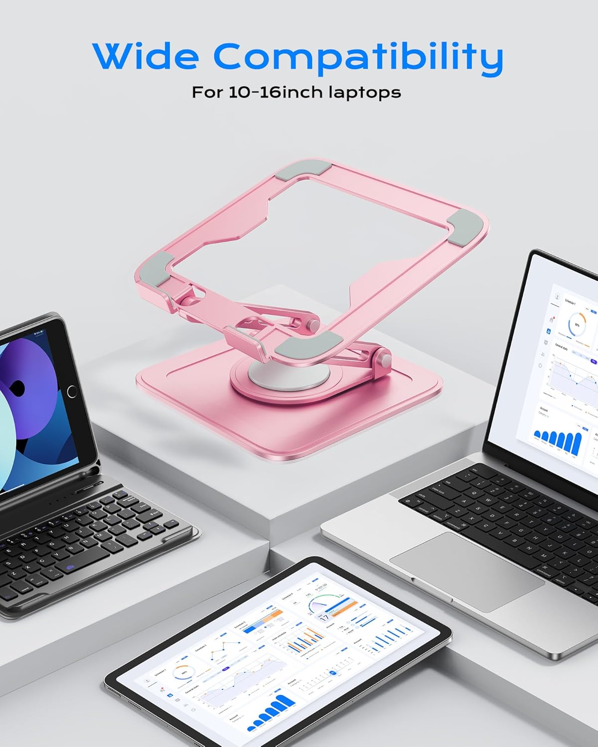 Adjustable Laptop Stand, Computer Stand with 360 Rotating Base, Ergonomic Laptop Riser Mount for Desk Foldable Protable Computer Desk Fits with MacBook Pro Air (10-16") - Pink