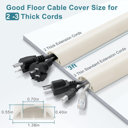 Cord Hider Floor, 3FT, Beige Cord Cover Floor, Cord Protector Floor Extension Cable Cover, Soft PVC Wire Covers - Cable Management Hide Cords on Floor - Cord Cavity: 0.7" (W) x 0.4"(H)