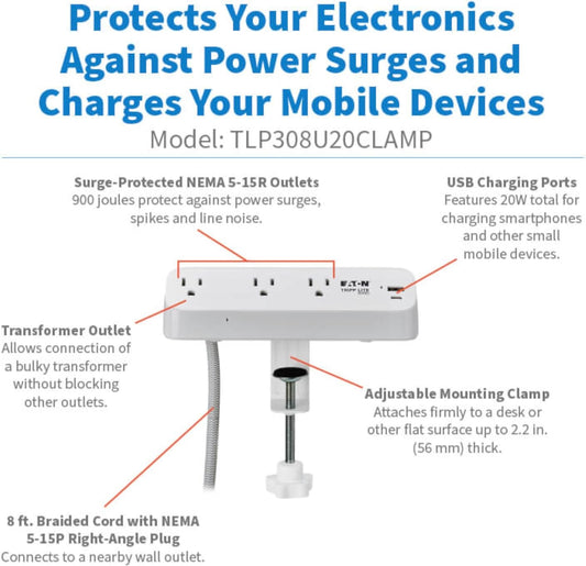 Eaton Tripp Lite Series Desk Clamp Power Strip Surge Protector, 3-Outlets, USB-A & USB-C Charging Ports, 900 Joules, 8ft Braided Flat Extension Cord, Lifetime Manufacturer's Warranty (TLP308U20CLAMP)