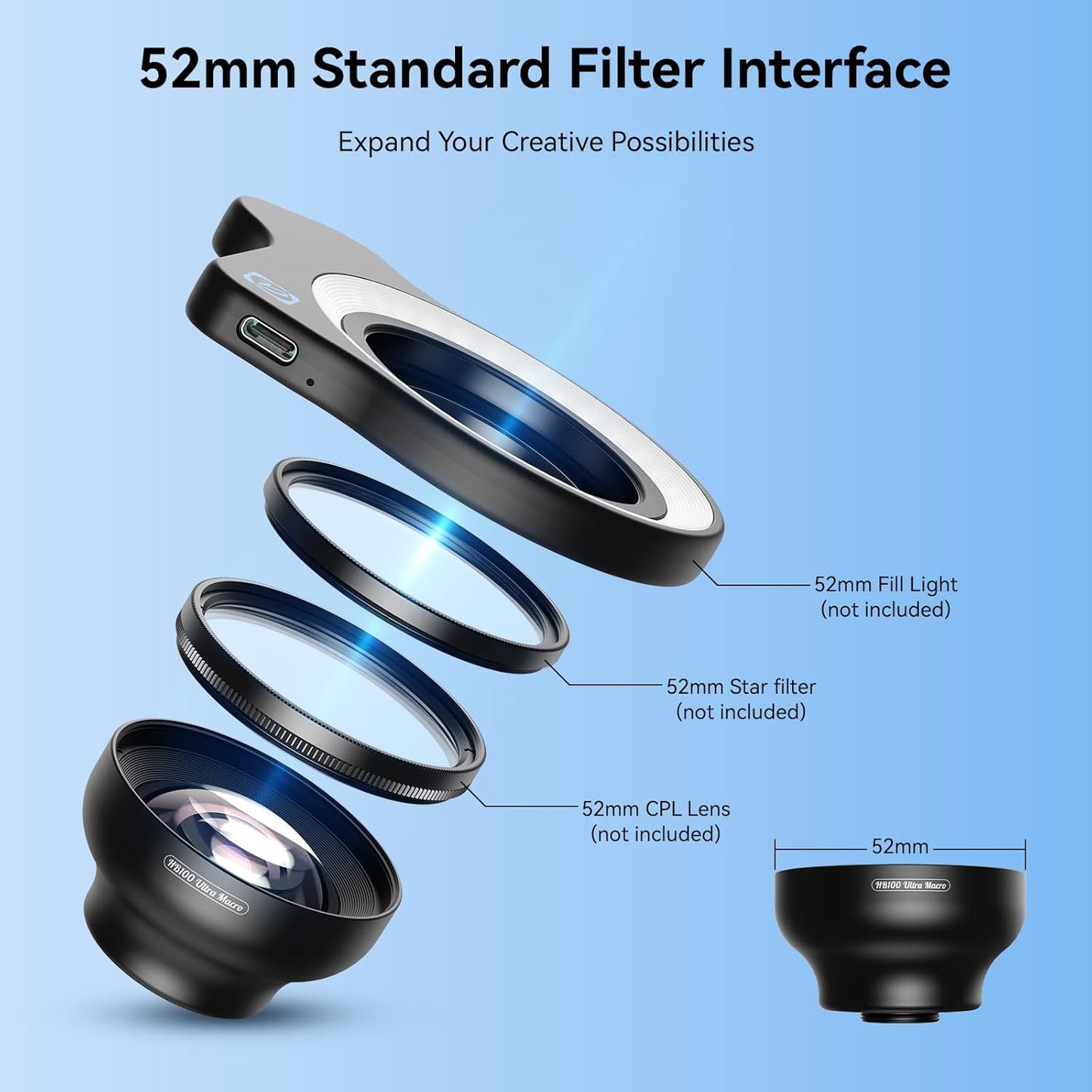 Upgraded Professional Macro Lens for Smartphone, HB100U Macro Photography Lens for iPhone, Aluminum Phone Camera Lens Kit with Universal Clip. Phone Lens Attachment Fit for iPhone, Android Phone.