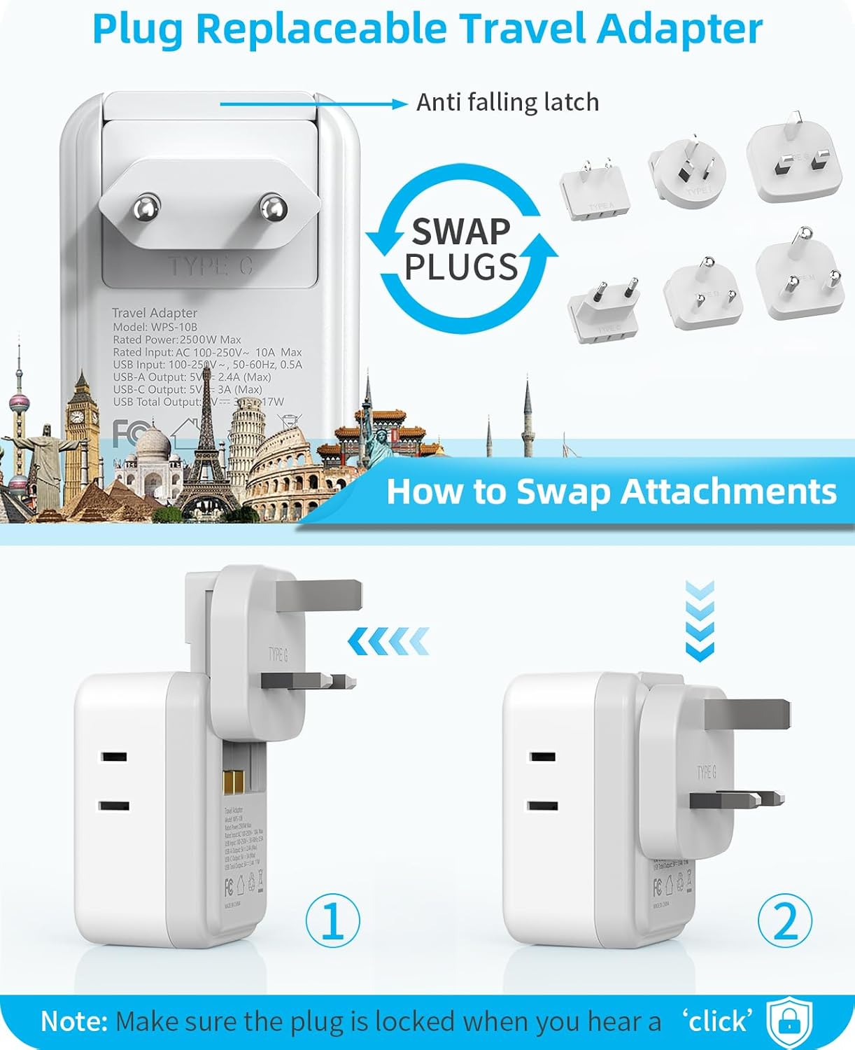 International Power Adapter Set, US to Worldwide Universal Travel Adapter- 4 AC Outlets 4 USB Ports (2 USB C), Type C/G/A/I/D/M Detachable Charger Plug for EU/UK/AUS/Japan/South Africa