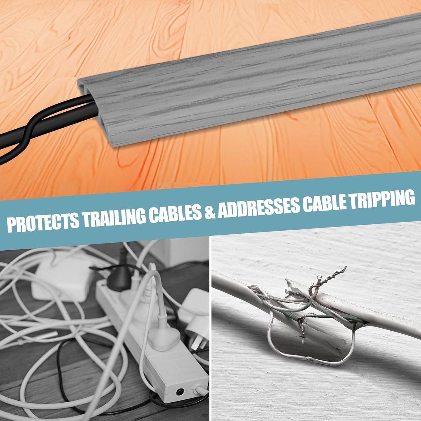 Floor Cord Cover Self Adhesive Cord Hider,10FT Cable Management, Extension Strip Protector for Wires, Prevent Cable Trips for Offices, Gyms, Exhibitions Cavity:0.51"(W) x 0.3"(H) Gray Wood