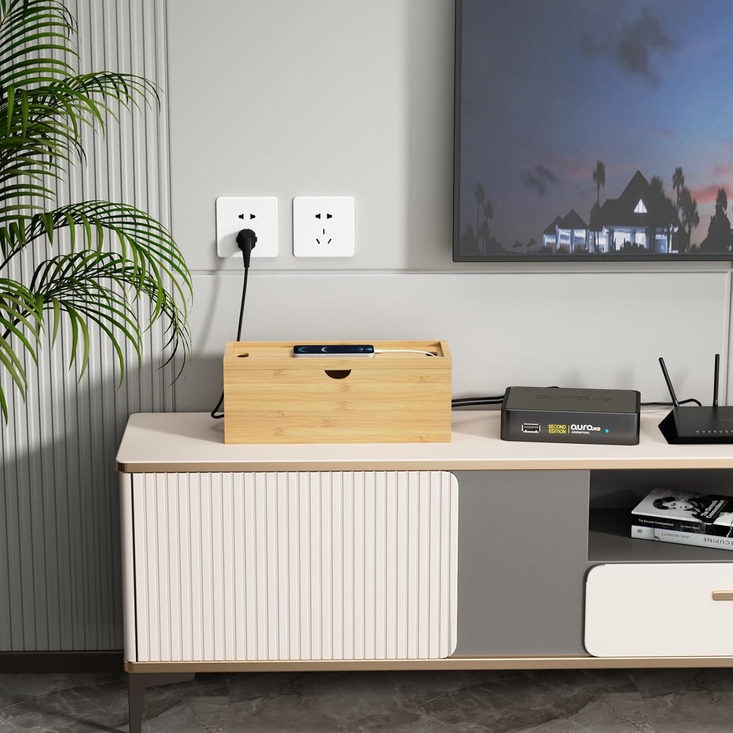 Bamboo Cable Management Box, Medium Cord Organizer Box Cable Box to Hide Wires & Power Strips for Desktop Storage Cord Holder for Office Home,No Assembley Required