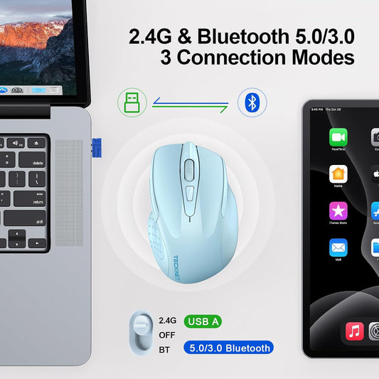 TECKNET Wireless Mouse (2.4G & BT5.0/3.0) Silent 4800 DPI Computer USB A & Bluetooth Mouse 6 Buttons, Wide Compatibility - Lightblue