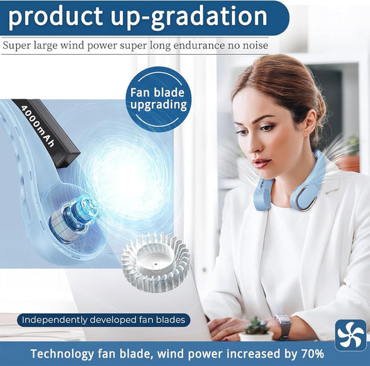 Neck Fan, Bladeless Neck Fan, USB Rechargeable Personal Fan, 4000 mAh Battery Operated Wearable Fan, 3 Speeds Adjustable,Faster Cooling, Ultra Quiet, Suitable for Home, Office, Travel, Sports