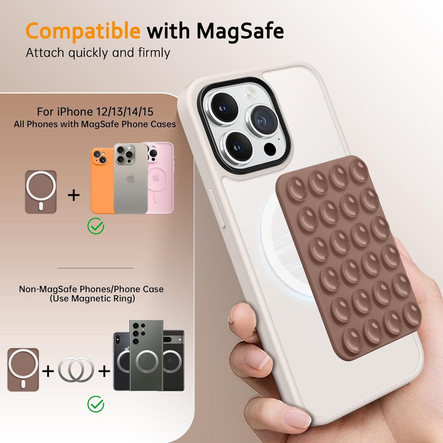 GONEZ Magnetic Suction Cup Phone Mount for MagSafe Case, Removable Silicone Sticky Grip for iPhone 12/13/14/15/16, Hands-Free Selfies and Videos for TikTok & Instagram Influencer/Creator, Brown