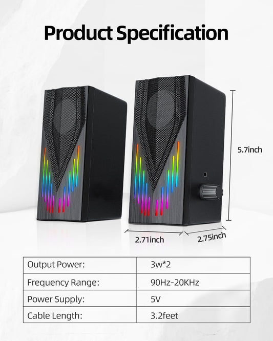 Computer Speakers with 6 Colorful RGB Lights,USB Powered 3.5mm Aux with Loud Stereo Sound,Headphone-in for Desktop,PC/Laptop/Tablet Phone