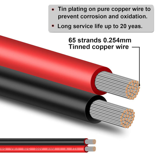 12 Gauge Wire 100FT Tinned Copper Wire-2 Conductor Parallel Wire Insulated Stranded Wire for Solar Panel Car Audio Automotive Low Voltage Electrical Wire for LED Lighting (12AWG 100FT)